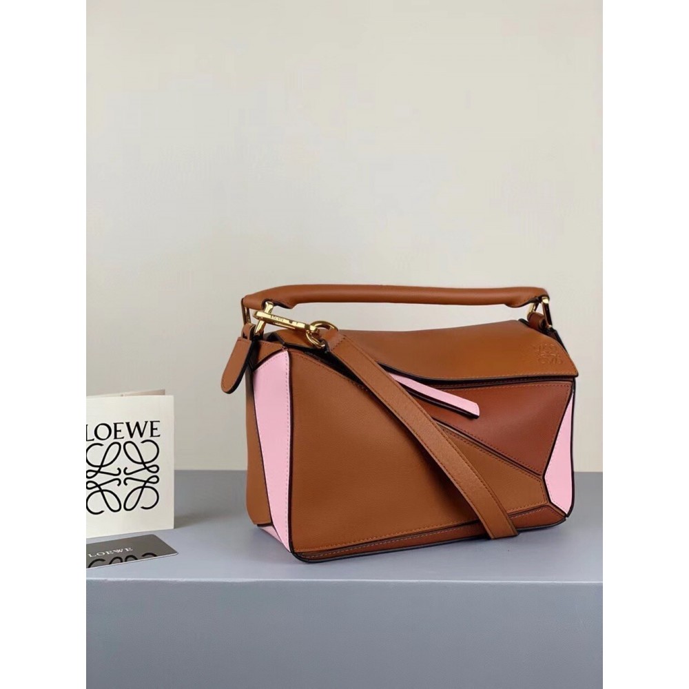 Loewe Small Puzzle Bag In Bro****/Pink/Camel Calfskin TDBS28002